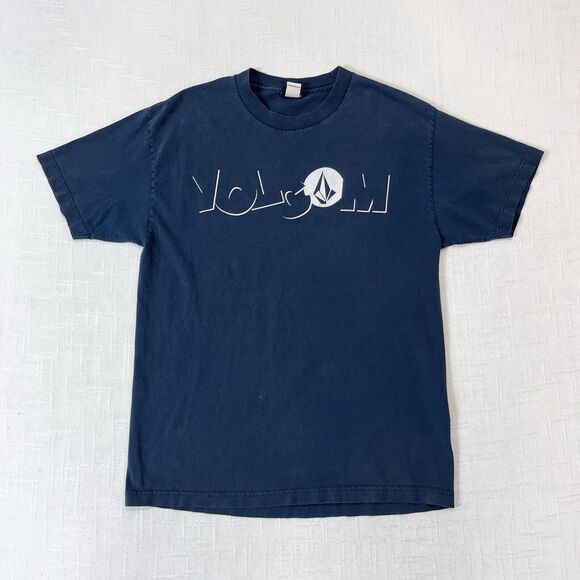 Y2K Volcom Spell Out T Shirt L Vintage Faded Blue Cyber Skater Grunge Surfer - Picture 1 of 9